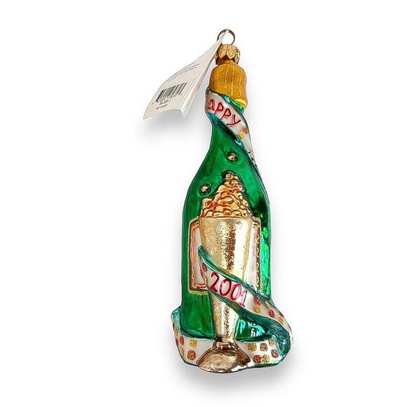 Collectible Holiday Ornament Christopher Radko 2001 Cheers Green Glass Bottle 7" - Picture 1 of 9